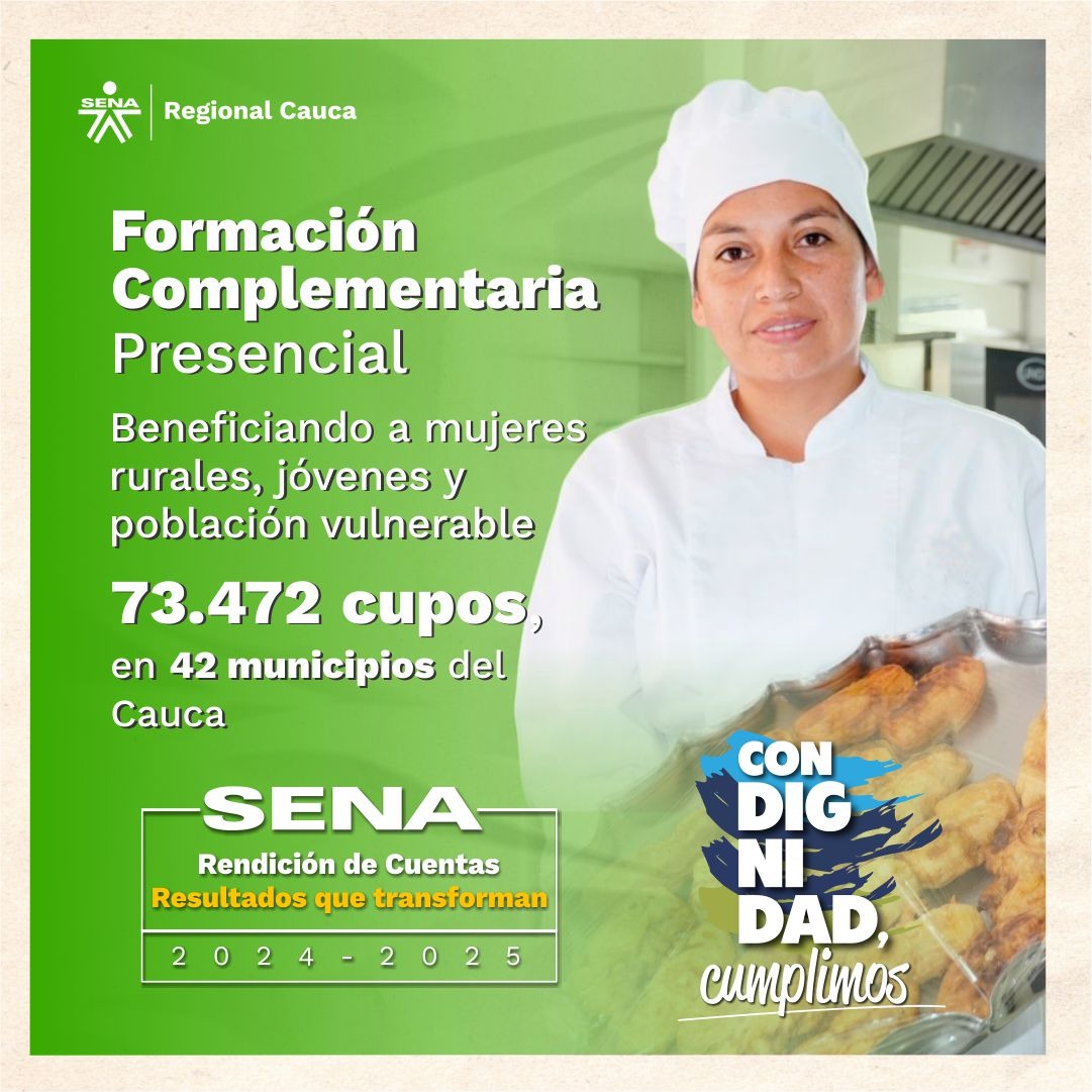 #SENARindeCuentas
En el #SENACauca seguimos transformando vidas a través de la formación complementaria presencial.
Durante el 2025 beneficiamos a mujeres rurales, jóvenes y población vulnerable, alcanzando 73.472 cupos en 42 municipios del Cauca.