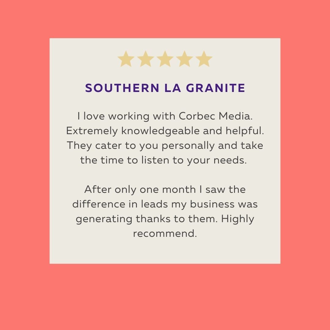 corbecmediallc's tweet photo. We love hearing from our clients! Thank you to Southern LA Granite for the 5-star review and for trusting Corbec Media with your marketing needs. 

#smallbusiness #smallbusinesssuccess #socialmedia #startups #mobile #ecommerce #neworleansbusiness https://t.co/bIaMfxwk3c