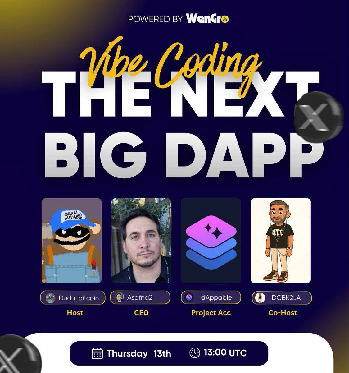 dappable's tweet image. If your only limit was your imagination, what dApp would you build?
@asafna2 will be joining @dudu_bitcoin and @DCBK2LA  to unpack crypto’s vibe coding era and how to turn your imagination into full-stack dApps (front-end, back-end AND smart contracts.)

Date: Nov 13th 2025 Time:…