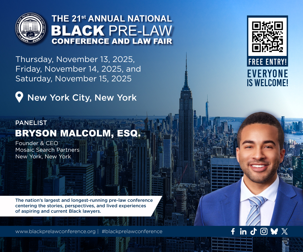 blackprelawconf's tweet image. ✨ PANELIST ✨

Meet Bryson Malcolm — Founder &amp;amp; CEO of Mosaic Search Partners and Columbia Law alum — joining us as a Panelist at #NBPLC2025! Come prepared for mindshifting conversations!

📍 Join us Nov 13–15 in NYU School of Law! 
🔗 bit.ly/3H7fCQK

#NBPLC2025 #PreLaw