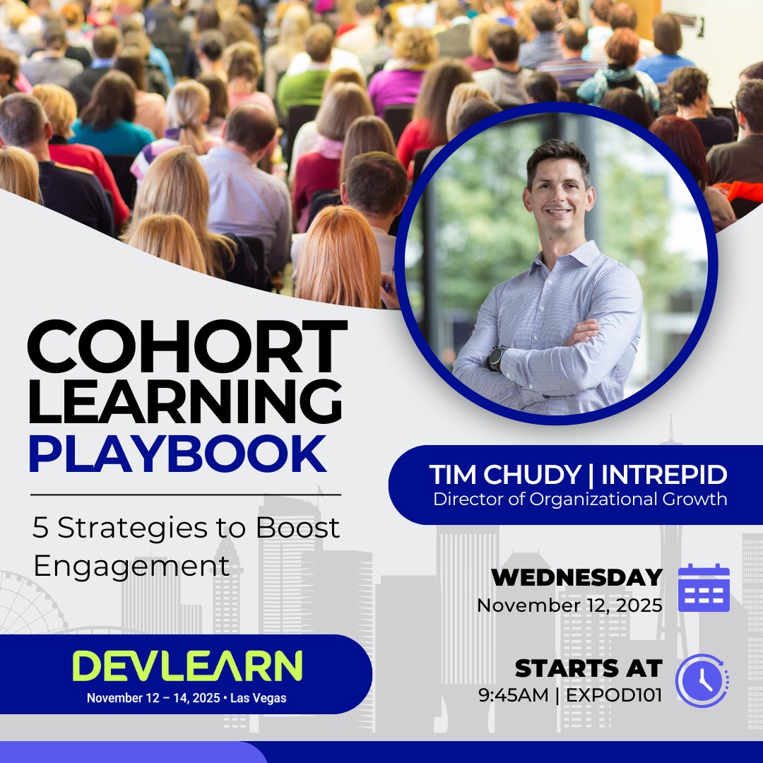 IntrepidLS's tweet image. Heading to #DevLearn? Add this session to your must-attend list!

Cohort Learning Playbook: 5 Strategies to Boost Engagement
🗓️ Wed, Nov 12 • 9:45 AM • Stage D

Practical ways to boost participation, connection &amp;amp; real skill application.

Bookmark it now: hubs.ly/Q03SpLN20