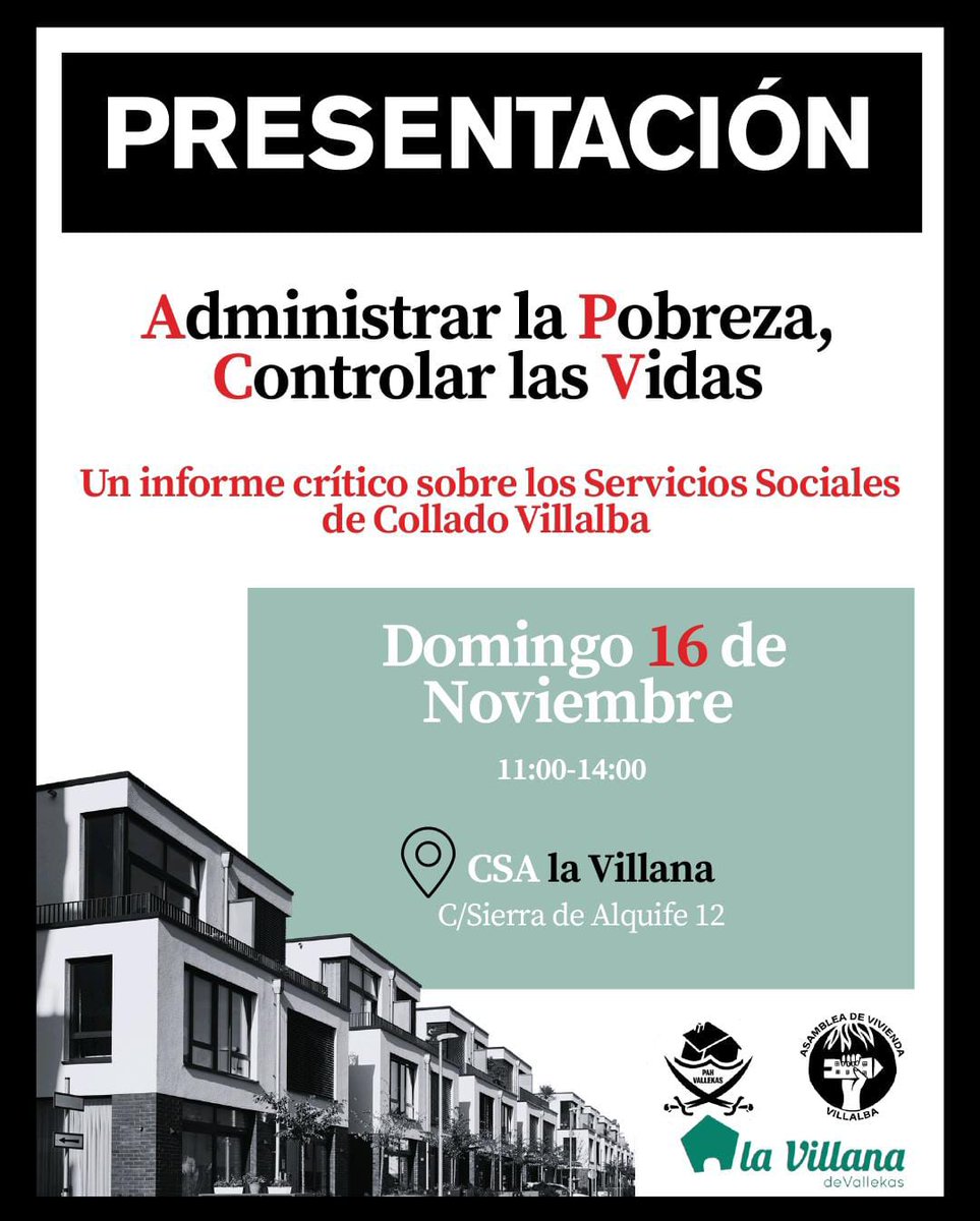 Este finde participamos en...

Vie
18:30👉🏽 Mesa redonda organizada por <a href="/SVTetuan/">Sindicato Vivienda Tetuán</a> en el CSO La Rosa
19:00👉🏽 Asamblea abierta propia 

Dom
11:00 👉🏽 Presentación informe sobre S. Sociales junto a <a href="/lavillanavk/">La Villana / PAH Vallekas</a> 
11:30 👉🏽 Charla-debate sobre SAREB y la periferia en <a href="/viviendaranjuez/">Asamblea de Vivienda Aranjuez</a>