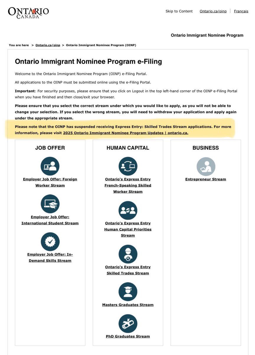 BAD News 🗞️ for International graduates and work permit holders working in skilled trades. OINP has suspended EE skilled trades stream.

Ontario says it wants skilled trade people to support its economy but suspends the EE skilled trade stream.

What an irony.