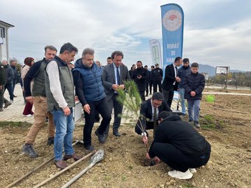 First image shows two red fire trucks with Turkish flags parked side by side in an open area with a green banner reading Sevdamız Toprak İmzamız Yeşil Vatan featuring children and adults wearing green hats standing in front smiling. Second image depicts a group of men in suits and casual clothes gathered around a young pine sapling being planted in soil with shovels and a blue banner in background under cloudy sky. Third image captures women and children in colorful clothing digging and planting small trees near a wooden pavilion with adults observing. Fourth image features adults and children in sportswear and vests kneeling and using shovels to plant a sapling in grassy soil area.