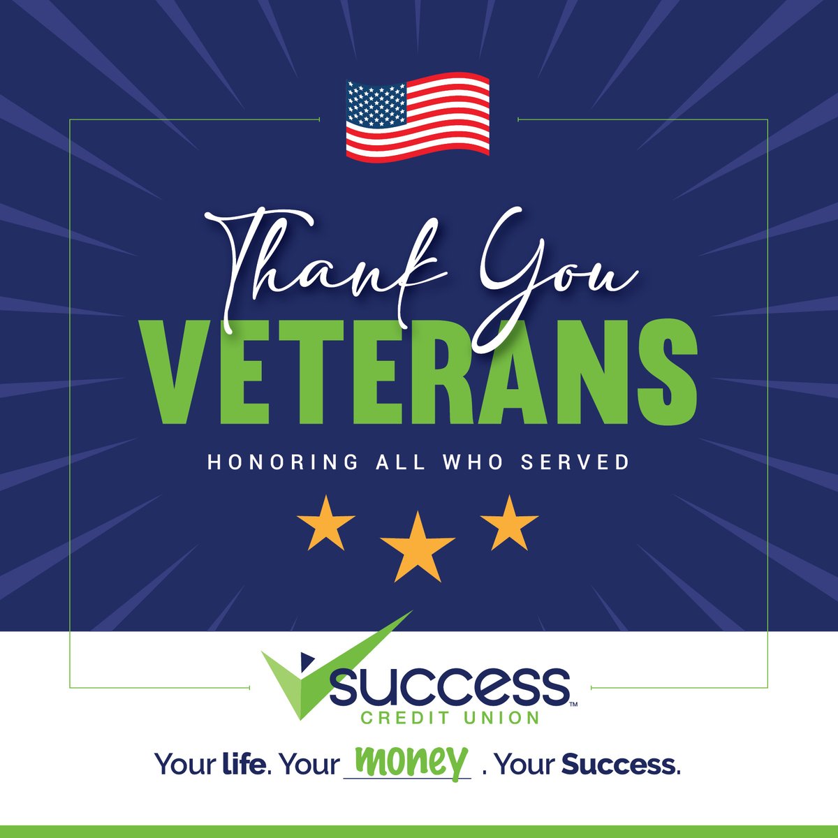 SuccessCU's tweet image. Success Credit Union proudly honors all who have served our nation. Your courage and sacrifice are the foundation of our freedom. We thank you today and every day. Reminder: All branches will be closed today and will reopen tomorrow, November 12th.