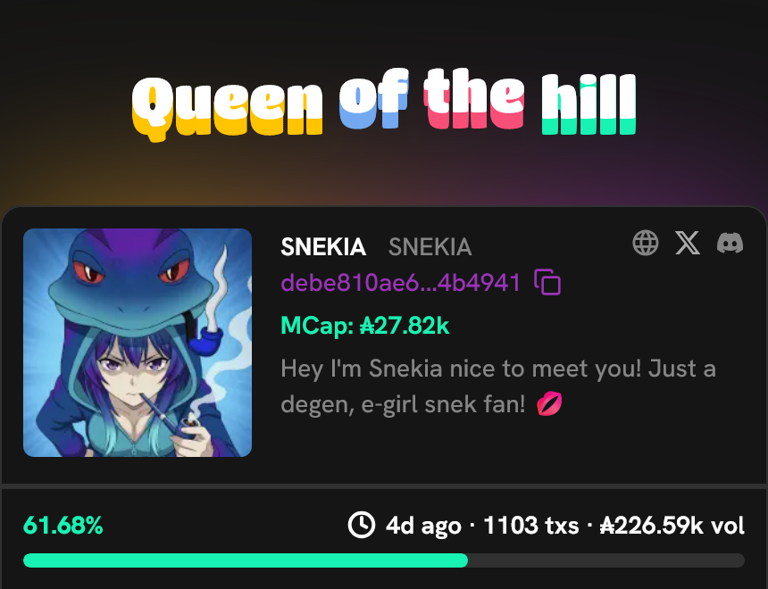 Is this some kind of record <a href="/snekdotfun/">Snek.fun</a> ? 😅
✅ 4 days KOTH 👑
✅ Over 1k transactions 
✅ Over 220k volume
And we still haven't bonded yet? 👀🐍 $SNEKIA