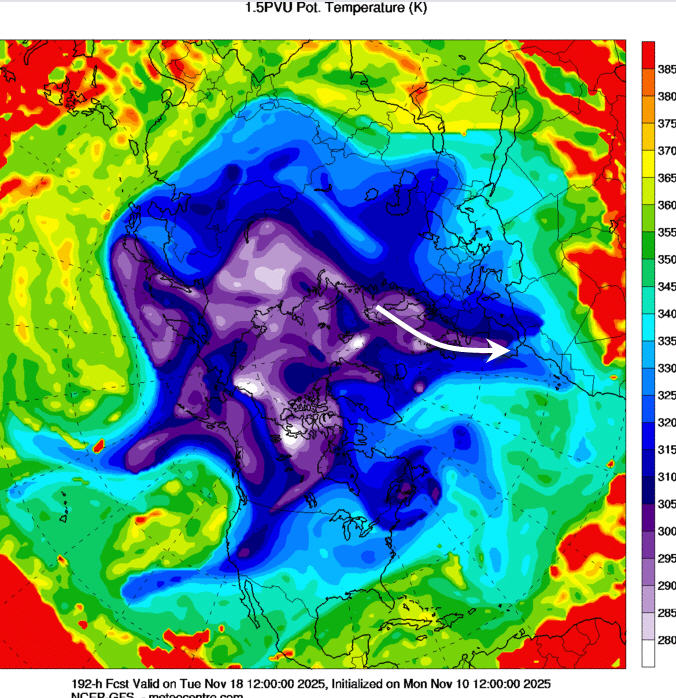 Alpenweerman's tweet image. Tropospheric Polar Vortices
Het geblokkeerde hoogtestromingspatroon, #ATR #Rossygolf is ook mooi te herleiden in de wat hogere atmosfeer #tropopauze. De kaart (1.5 PVU-pot-T) toont de zgn dynamische #tropopauze.  De meest koude luchtmassa's (&amp;lt; 280K, witte kleur) staan ​​bekend