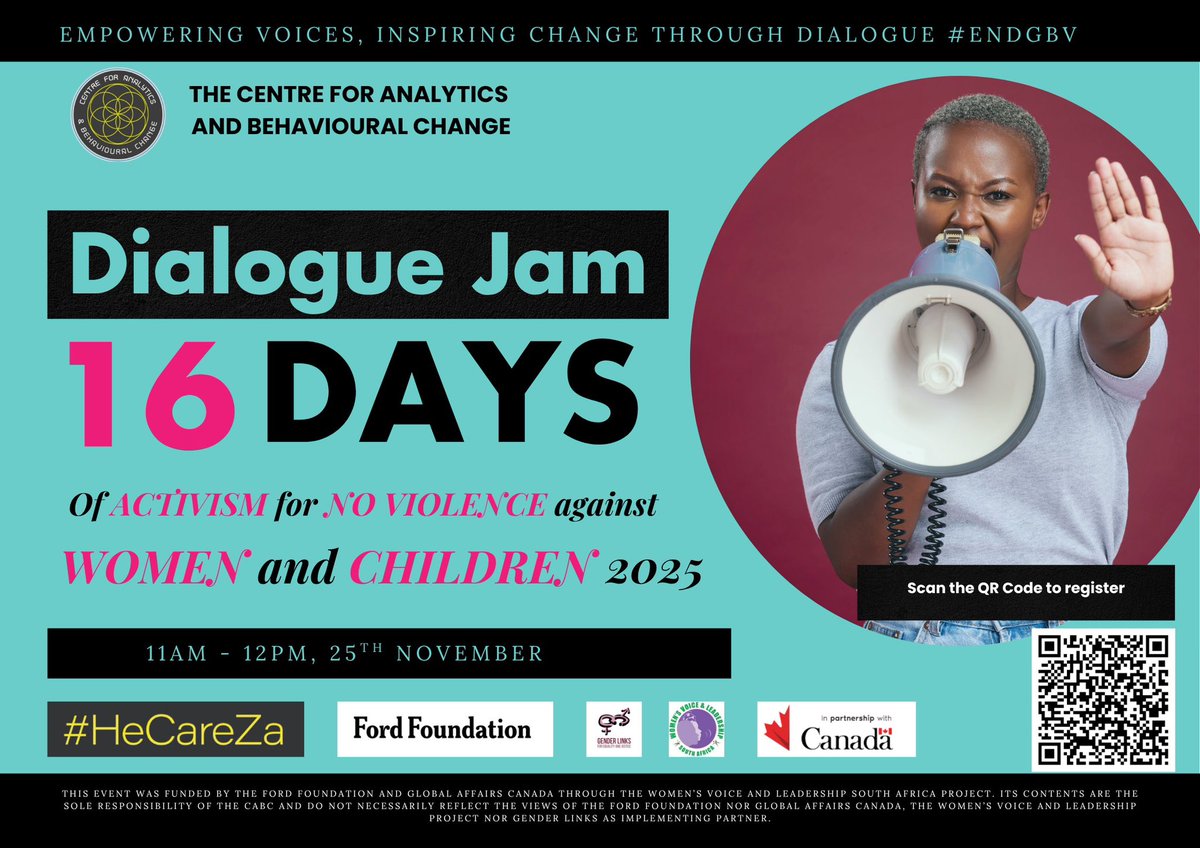 TheCABC's tweet photo. Join us for the Dialogue Jam: 16 Days of Activism for No Violence Against Women &amp; Children

Hosted by the Centre for Analytics &amp; Behavioural Change in partnership with the Ford Foundation and Gender Links, this event aims to empower voices &amp; inspire change through open dialogue https://t.co/H5vXE6AOUZ