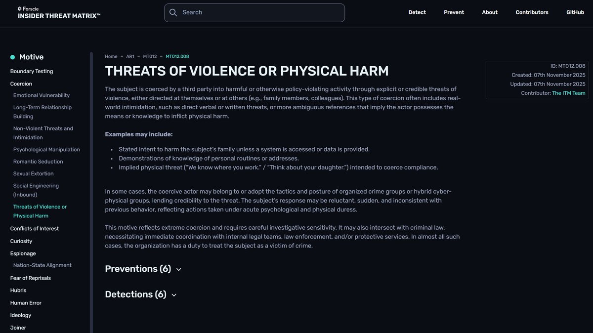 ITMFramework's tweet image. When coercion extends beyond the screen.

The ITM adds a new motive sub-section: Threats of Violence or Physical Harm, addressing cases where cybercrime and organised crime collide to coerce insiders through fear.

Trust isn’t just digital. It’s human.

insiderthreatmatrix.org/articles/AR1/s…