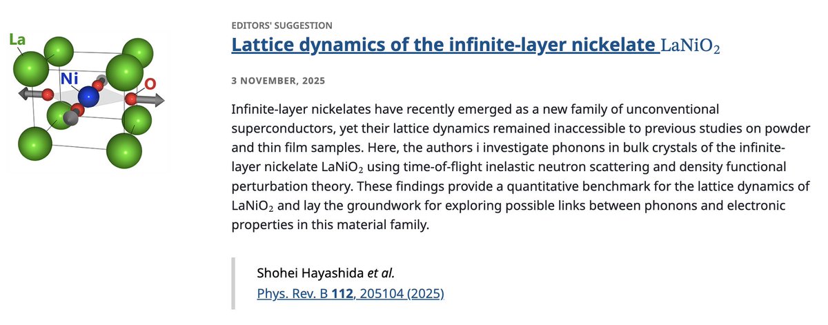 PhysRevB's tweet photo. PRB Editors' Suggestion: Lattice dynamics of the infinite-layer #nickelate #LaNiO2
S. Hayashida, V. Sundaramurthy, W. Wu, P. Puphal, T. Keller et al.
Phys. Rev. B 112, 205104
➡️ https://t.co/TLaxRyZ1pu
#OpenAccess #EdSugg @APSPhysics #physics #condmat @MatthiasHepting @mpifkf https://t.co/yq5bh0unbj
