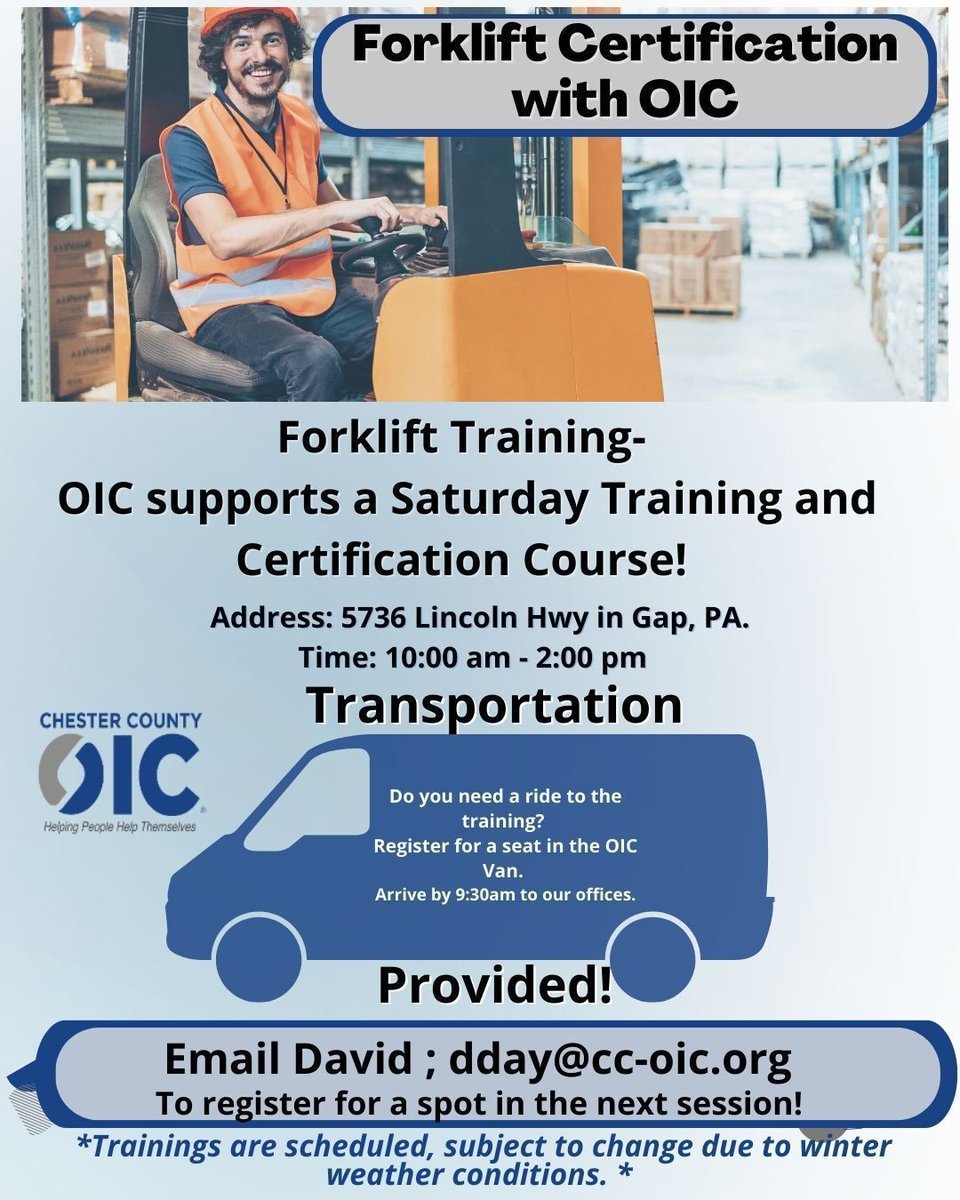 ChesCoOIC's tweet image. Forklift training returns on November 22nd!

Email: dday@cc-oic.org to get enrolled for the next training. 

Address: 5736 Lincoln Hwy in Gap, PA 
Time: 10am - 2pm

Stay tuned for a specific date announcement!

#forklift #returns #sign #up #stay #tuned