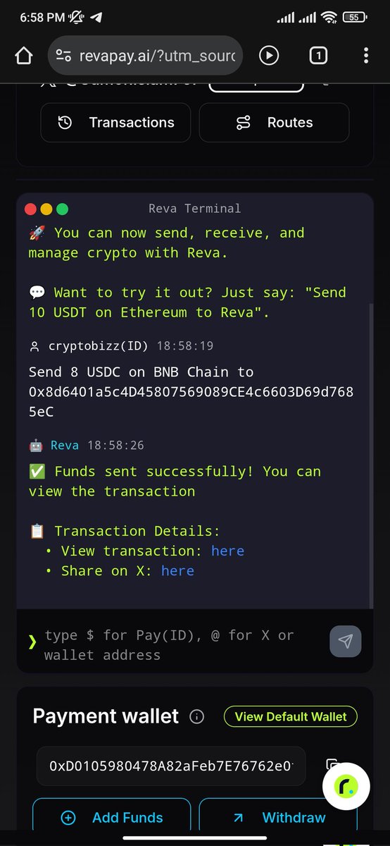 Hey <a href="/REVApay_ai/">Reva</a>, send 8 USDC on BNB Chain to 0x8d6401a5c4D45807569089CE4c6603D69d7685eC