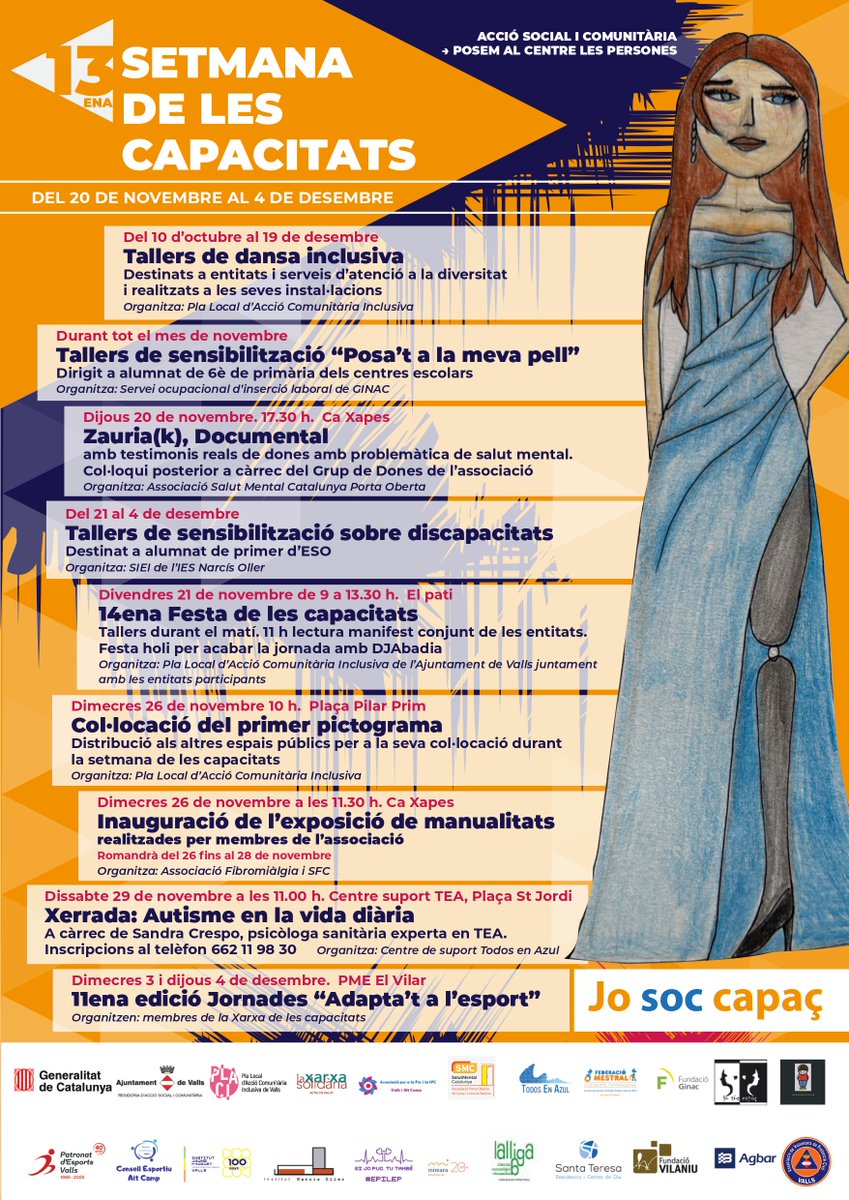 VallsAjuntament's tweet photo. 👏 Valls celebra la Setmana de les Capacitats amb activitats inclusives i de sensibilització.

📆 Amb el lema 'Jo soc capaç', la programació s’allargarà fins al 4 de desembre i té com a acte central la Festa de les Capacitats.

ℹ️ https://t.co/eq1lXKYAKv https://t.co/i8M7oN5QHH