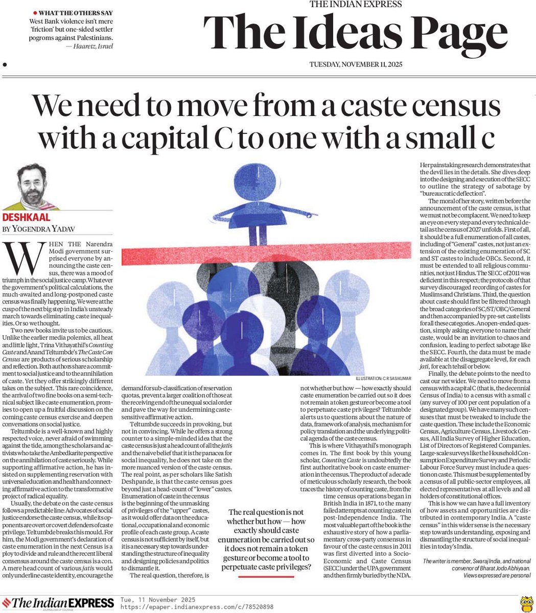 _YogendraYadav's tweet image. Two recent books — Anand Teltumbde’s “Caste Con Census” and Trina Vithayathil’s “Counting Caste” — invite us to rethink what a caste census really means.

Teltumbde cautions that counting jatis may only reinforce identities and fragment the struggle for equality.
Vithayathil’s…
