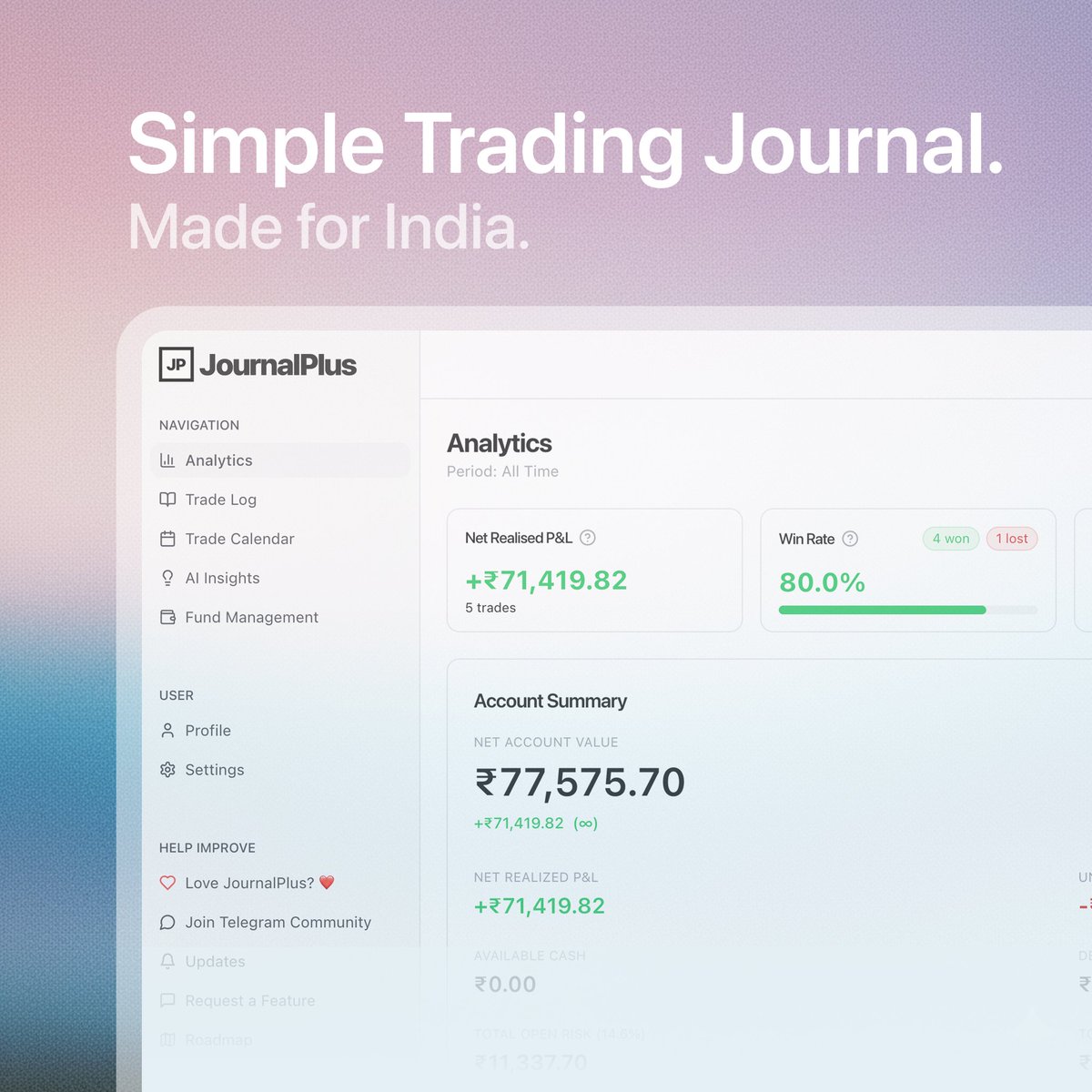 AlnishaArora's tweet image. Simple.
Powerful.
Made for Indian traders. 🇮🇳
JournalPlus - your trading journal redefined.
journalplus.co