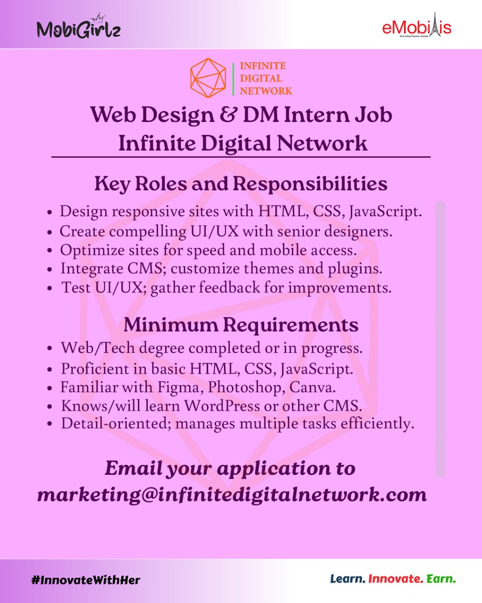 MobbiGirlz's tweet image. Web Design &amp;amp; DM Intern Job Alert
Key skills: HTML/CSS/JS, UI/UX, WordPress.

Apply to marketing@infinitedigitalnetwork.com.

#TechInternship #WebDesign #DigitalMarketing #JobAlert #InnovateWithHer