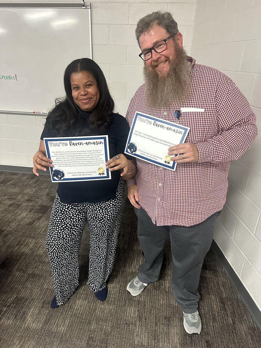 Congrats to our November Raven Dave award winners, Ms. Plant and Ms. Battiste AND our community Raven-Amazin Ms. Williams and Mr. Vogt! 💙🖤 Thanks for all you do! #CFISDspirit