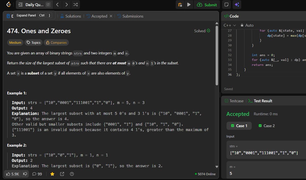 whoisashishjha's tweet photo. #100DaysofCode -> #83Days of DSA
Today i solved one daily streak question at @LeetCode 
474. Ones and Zeroes https://t.co/I4YAR1iCXS