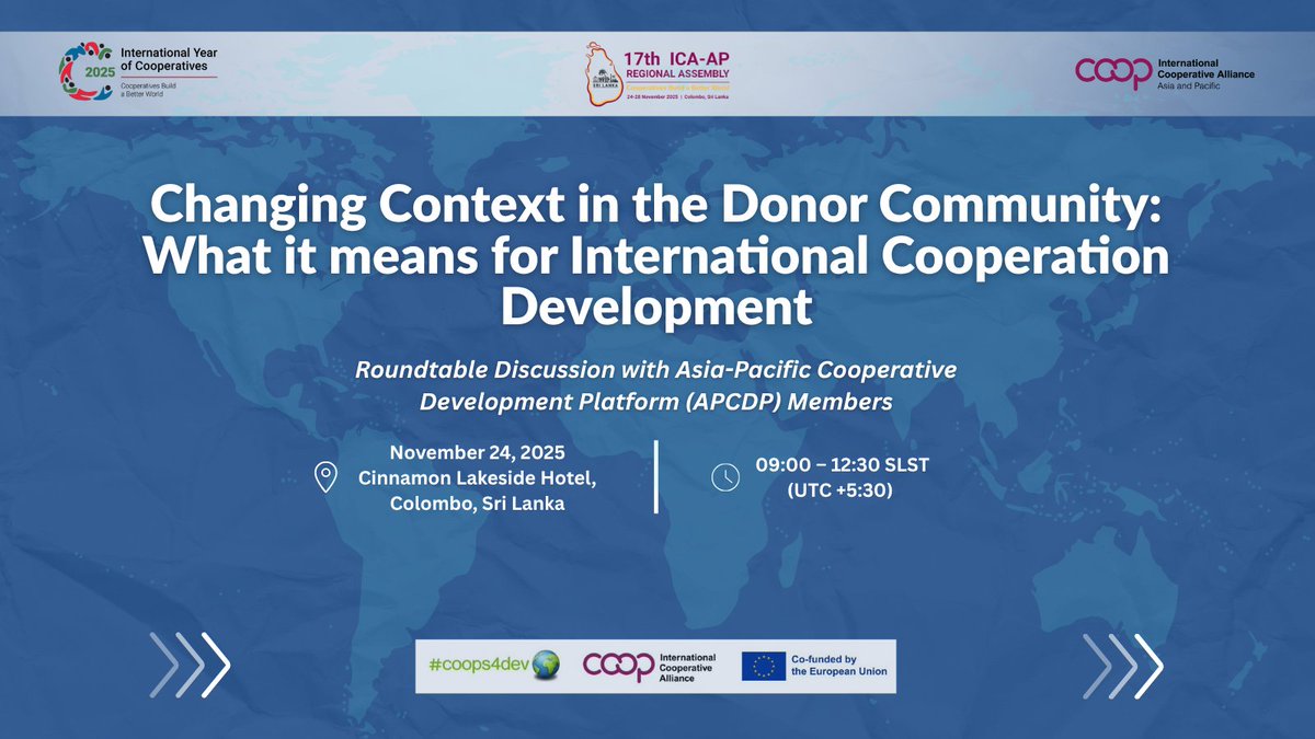 ICAAPAC's tweet photo. 🌍 Donor priorities are shifting. How will coops adapt?

Join the APCDP Roundtable at #ICAAPRA2025 on 24 Nov, Colombo: with voices from World Bank, ILO, and APCPD Members.

🔗 https://t.co/TGKE0KNRjA
📝 https://t.co/YNkb2mwy4p

#Coops4Dev🌍 #AyubowanCoops #CoopsBuildABetterWorld https://t.co/29b80MimRB