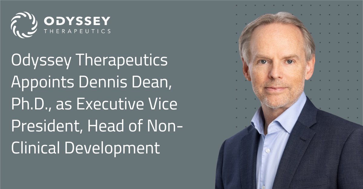 Odyssey_Tx's tweet photo. Today, we welcome Dennis Dean, Ph.D., as EVP and Head of Non-Clinical Development. With over 25 years of experience, Dr. Dean will lead all preclinical research and development activities that support the progression of Odyssey’s drug candidates. More: https://t.co/zeq8HQQFAi https://t.co/eoKSv0z8xJ