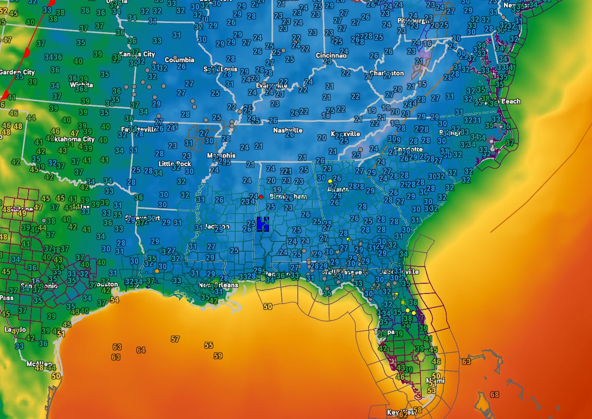 BRRR!

Lowest temps by state: 

FL: 24
MS: 21
AL: 19
GA: 18
MD &amp; PA: 16
TN: 15
NC &amp; VA: 13
WV: 11