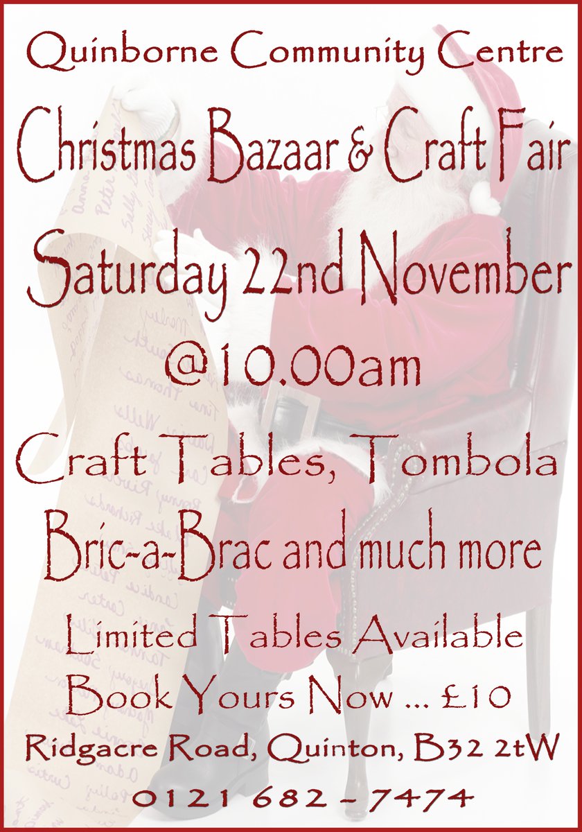 On Saturday 22nd November we will be holding our Christmas Bazaar &amp; Craft Fair.

A limited number of tables are available at the cost of £10.00.

If you wish to book a table please come and see us at the centre or give us a call on 0121 682 7474.

We look forward to seeing you.
