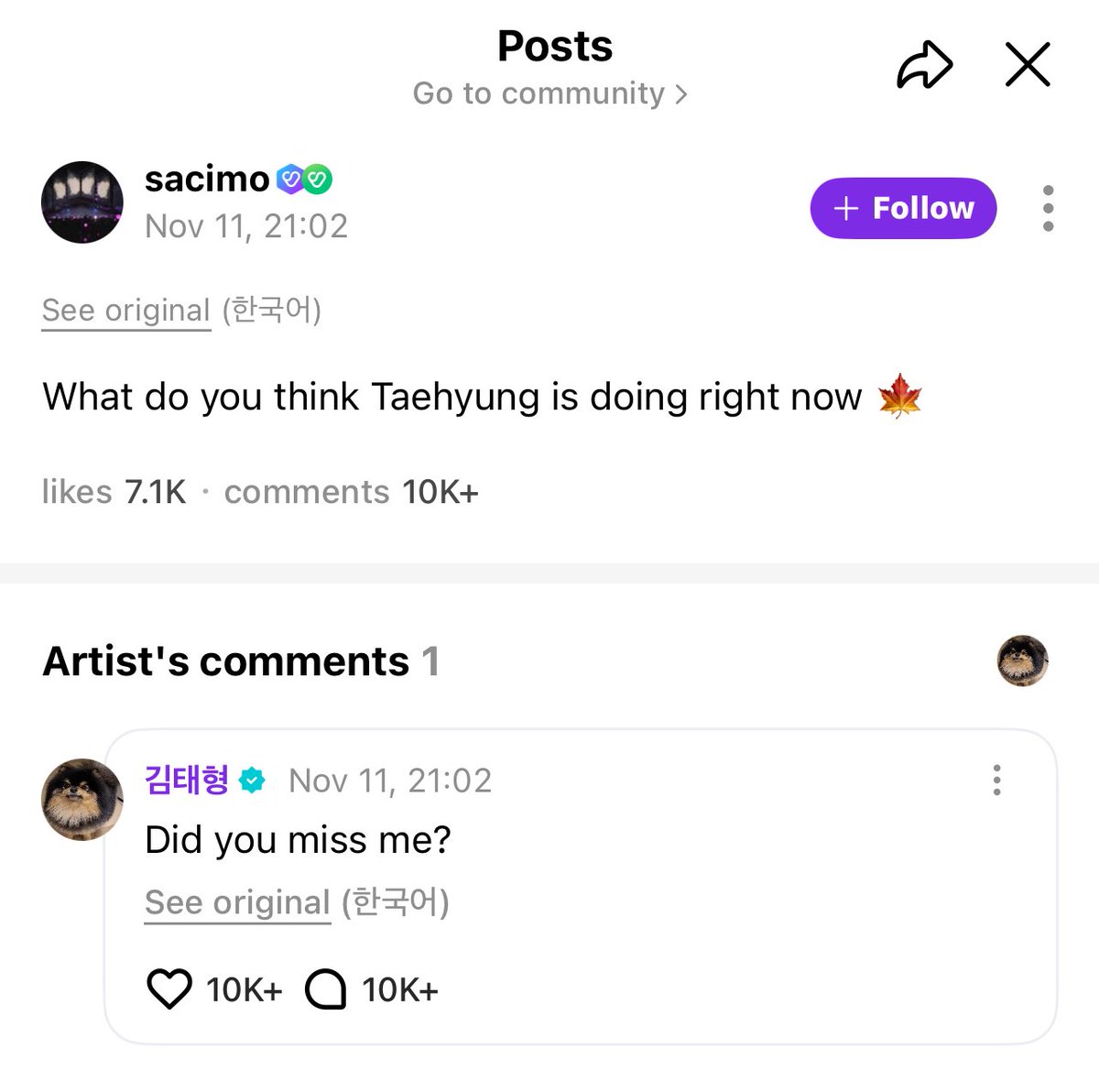 [Taehyung replied on weverse post] 
We missed you 🥺🥺🥺🥺🥺🥺🥺🥺💜💜💜💜💜💜