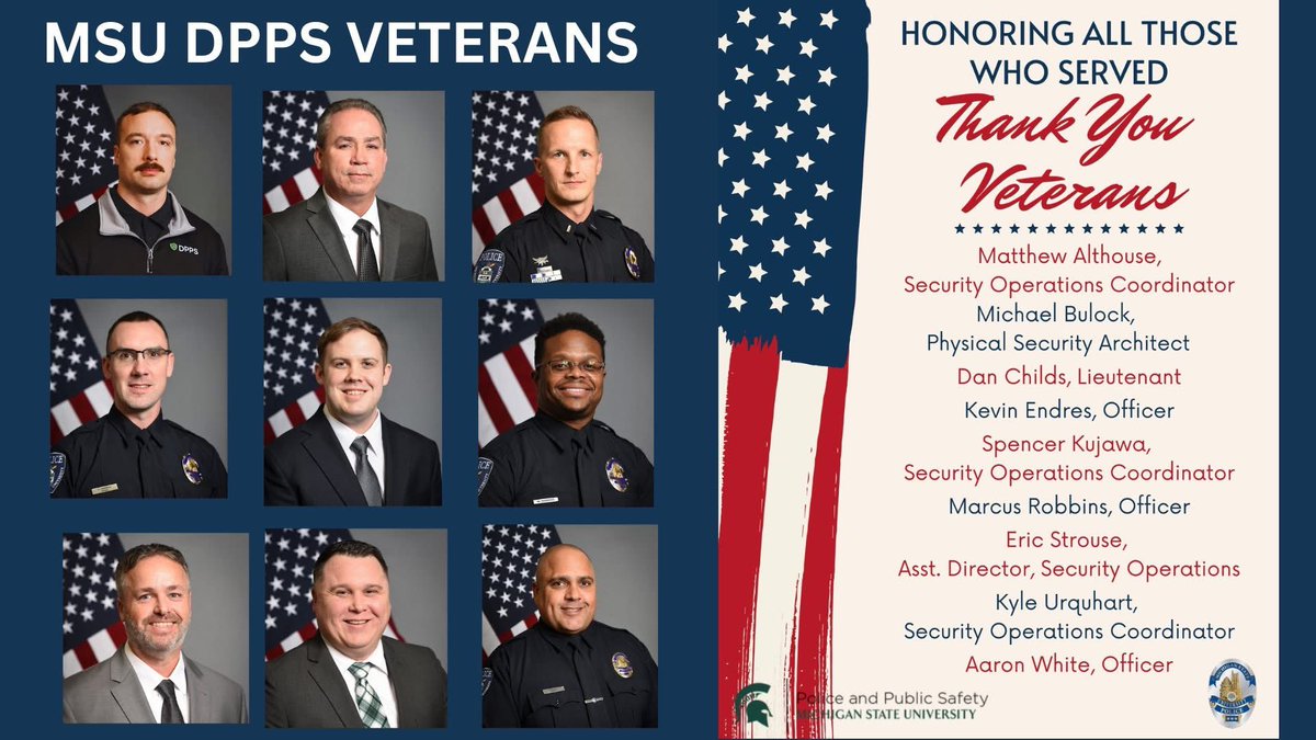 msupolice's tweet image. Today, we proudly recognize and thank the veterans within MSU DPPS who have served our country with courage and dedication.
We also extend our heartfelt gratitude to all of our nation’s veterans on this Veterans Day.  

#VeteransDay #MSUDPPS #SpartanStrong #ThankYouVeterans