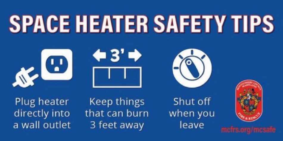 mcfrsPIO's tweet image. 🔌Space heaters need...space!
While space heaters can be a quick way to warm up a chilly room, they come w/ a BIG warning label. #DYK space heater fires account for 4 out of 5 home heating fire deaths?

Cold weather ahead. Stay @mcfrs safe SEE: bit.ly/3m5rGlg