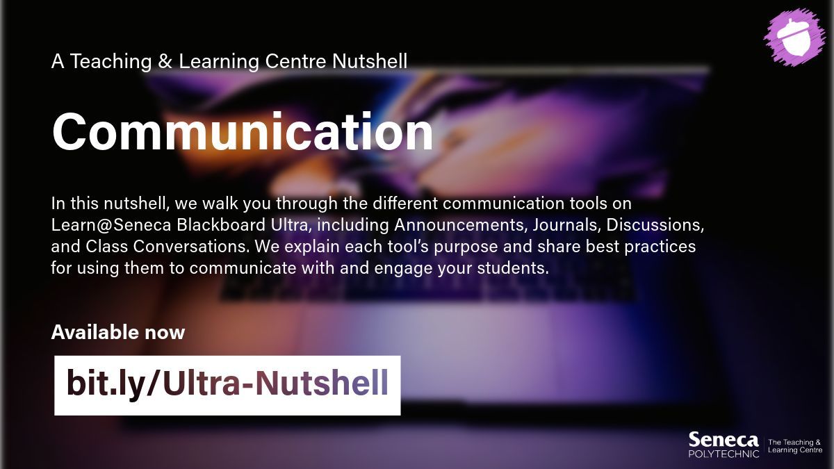 Seneca_TandL's tweet image. Our Communication #TLCnutshell guides you through key Learn@Seneca tools like Announcements, Journals, Discussions, and Class Conversations, explaining their purpose and sharing best practices to help you engage more effectively. Dive in today: bit.ly/Ultra-Nutshell