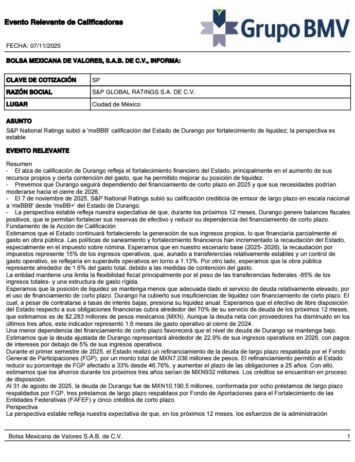 #Durangutopía | #NarcoEstado | #Deuda |

Lo dicho, la mentira como política pública, no hay calificación "AAA" para #Durango.

Que si bien son calificaciones estables y positivas, no son "AAA". 

▫️HR "BBB" 
▫️ S&amp;P "BBB"

FUENTE.

bmv.com.mx/docs-pub/event…

bmv.com.mx/docs-pub/event…