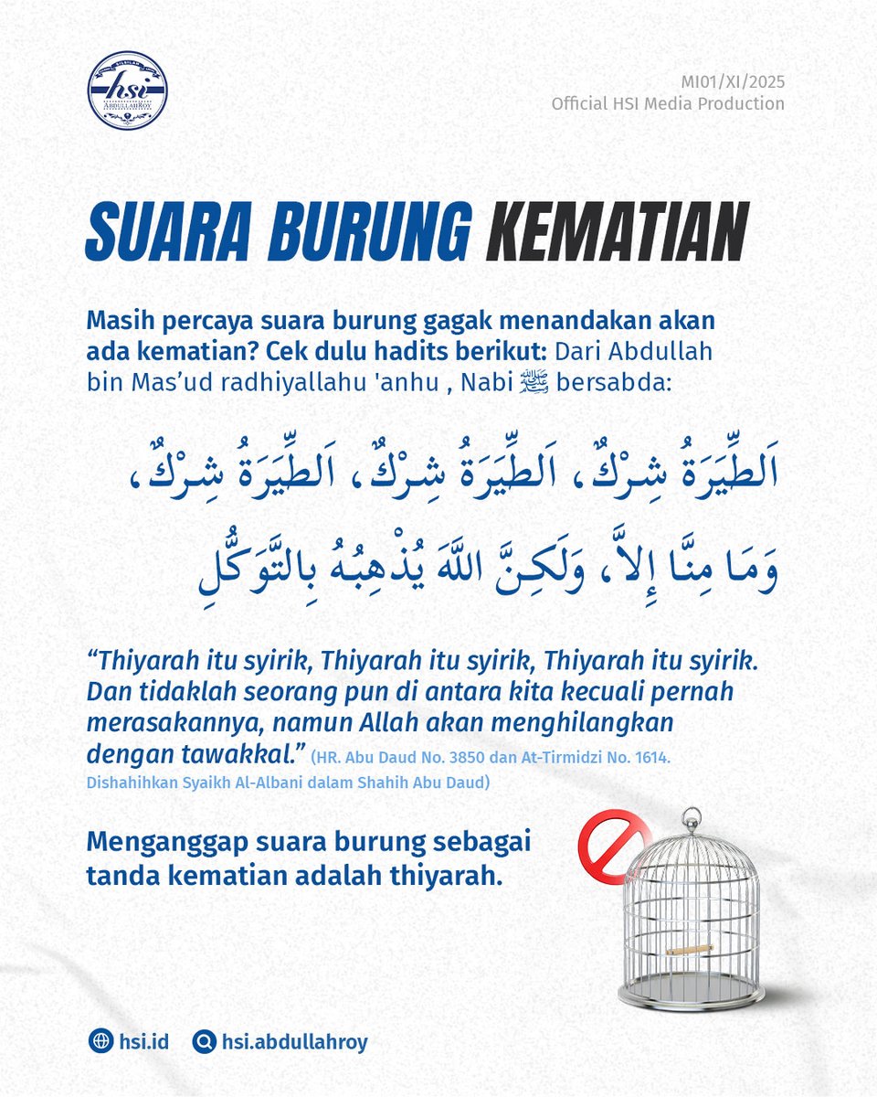 Hati-hati dengan thiyarah, seperti hal sepele namun bisa menyeret kita pada kesyirikan naudzubillah. Tahayul apa saja yang sering kamu dengar? 

Mau belajar ilmu aqidah dan ilmu syar’i lainnya dari rumah saja? Jangan lewatkan pendaftaran santri baru HSI AbdullahRoy.
