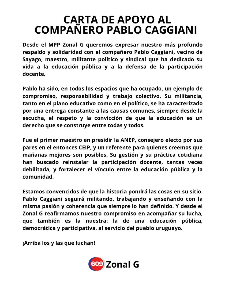 Desde el Zonal G (Montevideo), compañeras y compañeros han puesto en palabras lo que <a href="/Pablocagg/">Pablo Caggiani</a> representa para nosotros. Me sumo a ese sentir colectivo, que nace del territorio y habla de convicciones compartidas.