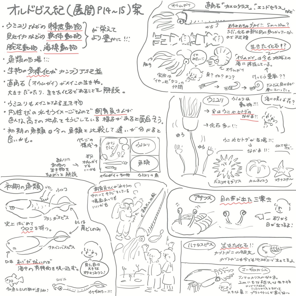 自分も古生代水族館のアイデアラフを見返してみたのですが、2022年2月頃に作成していたオルドビス紀の最初のラフにもサカバンバスピスのスケッチが描かれていました🐟