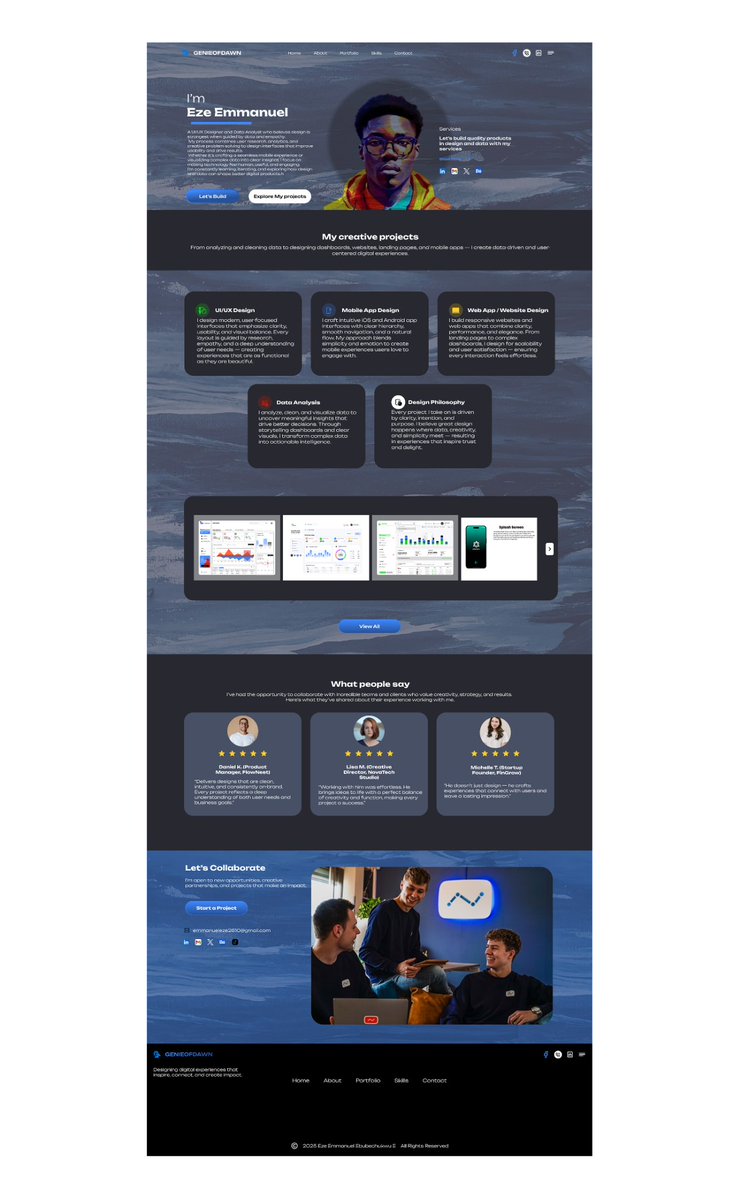 GENIEOFDAWN's tweet image. Day 8 – Profile Landing Page 🎨
Designed a clean, engaging portfolio page that introduces who I am as a UI/UX Designer &amp;amp; Data Analyst.
Focused on clarity, storytelling, and a layout that connects creativity with professionalism.

#DailyDesignChallenge #UIDesign #PortfolioDesign