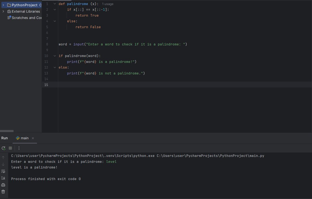 OleSuyaye's tweet image. I created a function to check if a word is a palindrome or not. It worked, but I understand there are better ways to write the code and address issues such as capital letters in the word etc. #LearningPython #python #programming #developer #coding #softwaredeveloper