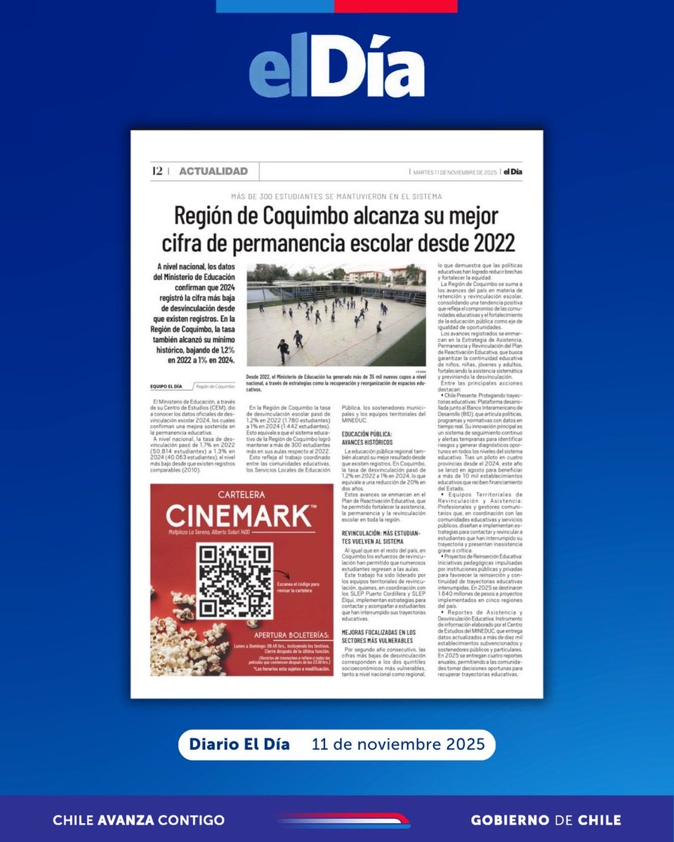 #MINEDUCENPRENSA 🗞️📊 || <a href="/eldia_cl/">Diario El Día</a> destacó que la Región de Coquimbo alcanzó su mejor cifra de permanencia escolar desde 2022.
El Ministerio de Educación, a través del Centro de Estudios, informó que más de 300 estudiantes se mantuvieron en el sistema educativo respecto a 2022.