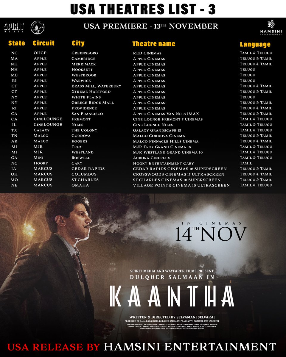 #Kaantha USA theatres list is here🇺🇸 We have secured around 150 theatres for Tamil &amp; 110+ for Telugu📝

Premieres on Nov 13th🎥

Catch the film on the BIG SCREEN🍿 Bookings Open🎟️ fandango.com/kaantha-2025-2…

<a href="/dulQuer/">Dulquer Salmaan</a> <a href="/RanaDaggubati/">Rana Daggubati</a> <a href="/thondankani/">P.samuthirakani</a> <a href="/SpiritMediaIN/">Spirit Media</a> <a href="/DQsWayfarerFilm/">Wayfarer Films</a>