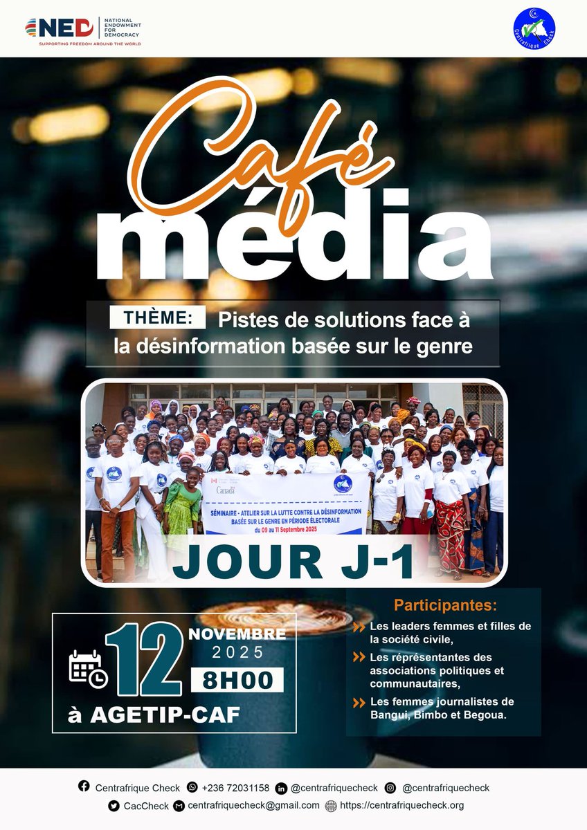 [Café Média] : Les pistes de solutions face à la désinformation basée sur le genre en période électorale 
📅 Date : 12 novembre 2025 à 8h 00
📍 Lieu : AGETIP-CAP