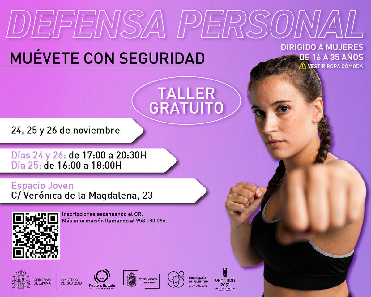 Taller de Defensa Personal para Jóvenes “Muévete con seguridad en tu ciudad”
📷 24, 25 y 26 de noviembre de 2025
📷 Dirigido a chicas de 16 a 35 años
+ Info para inscribirte en granada.org/inet/wmujer8.n…

<a href="/aytogr/">Ayuntamiento de Granada</a> #granajoven #igualdaddeoportunidades #granada #juventud #mujer