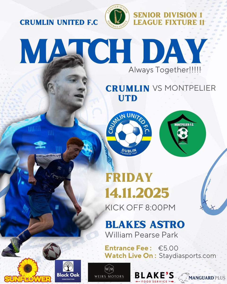 𝑵𝑬𝑿𝑻 𝑮𝑨𝑴𝑬 | Montpelier (H) ⚽️

Seniors back into league action where we welcome Montpelier to Pearse Park 🤝🔵⚪️

All support welcome for this top of the table clash, game will also be live streamed through <a href="/StaydiaSports/">Staydia Sports</a> 🔥

<a href="/AlQuinn2015/">LSL Live Update’s</a> <a href="/LSLLeague/">Leinster Senior League</a>