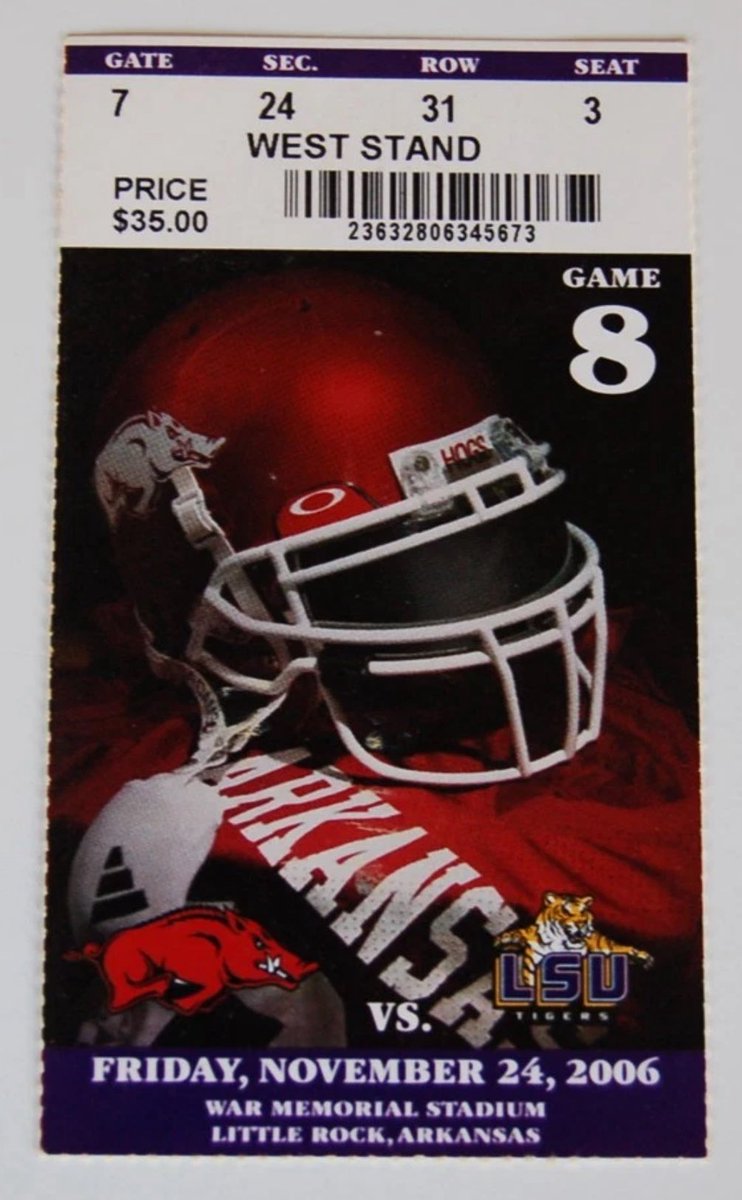 2006 Arkansas. #9 Tigers defeat #5 Razorbacks 31-26. JaMarcus Russell threw for 210 yds &amp; 2 TDs. #tickettuesday