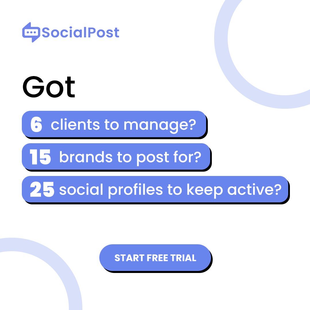SocialPostAI's tweet image. Running 6 clients, 15 brands, 25 profiles? That’s 10+ tabs and nonstop mental switching. 😵‍💫 SocialPost.AI streamlines it all—from ideas to scheduled posts. Free trial included. $10/month after. #SocialPostAI #WorkflowTools #MarketingSimplified