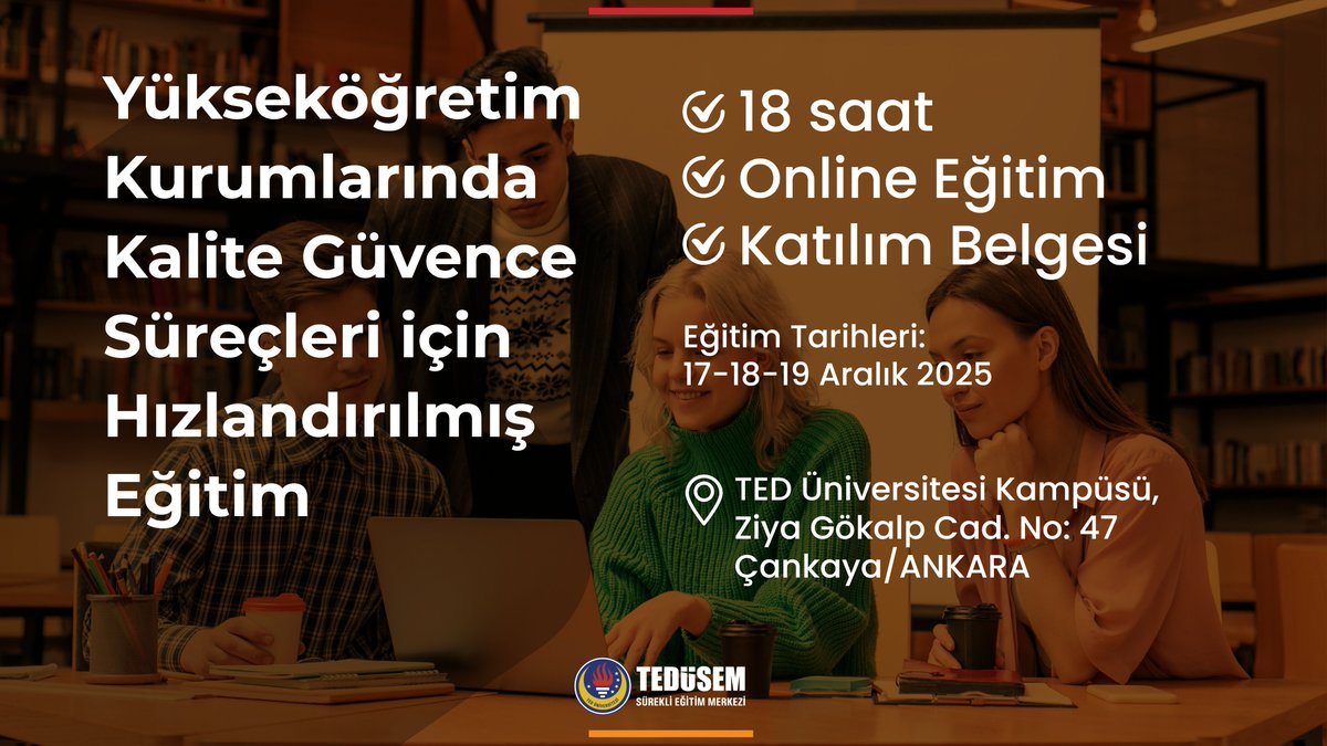 Bu eğitim, yükseköğretim kurumlarında kalite güvence süreçlerini etkin şekilde yönetmek isteyenler için tasarlanmıştır. 
📅 Kesin kayıtlar başladı!
Detaylı bilgi ve başvuru için: 
sem.tedu.edu.tr
0 (538) 035 88 71