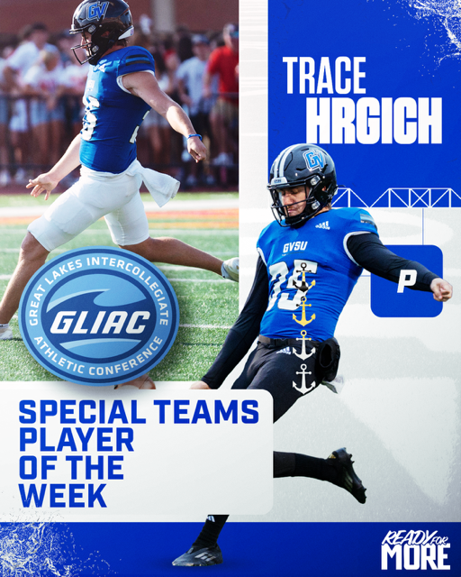 gvsufootball's tweet photo. GVSU senior punter Trace Hrgich was named the GLIAC Special Teams Player of the Week. Hrgich, who is second in the nation in punting average, dropped 3 inside the 20 and averaged 45.7 ypp with a long of 57 yards vs. Michigan Tech. #ReadyforMore https://t.co/Ar2DkvAG07