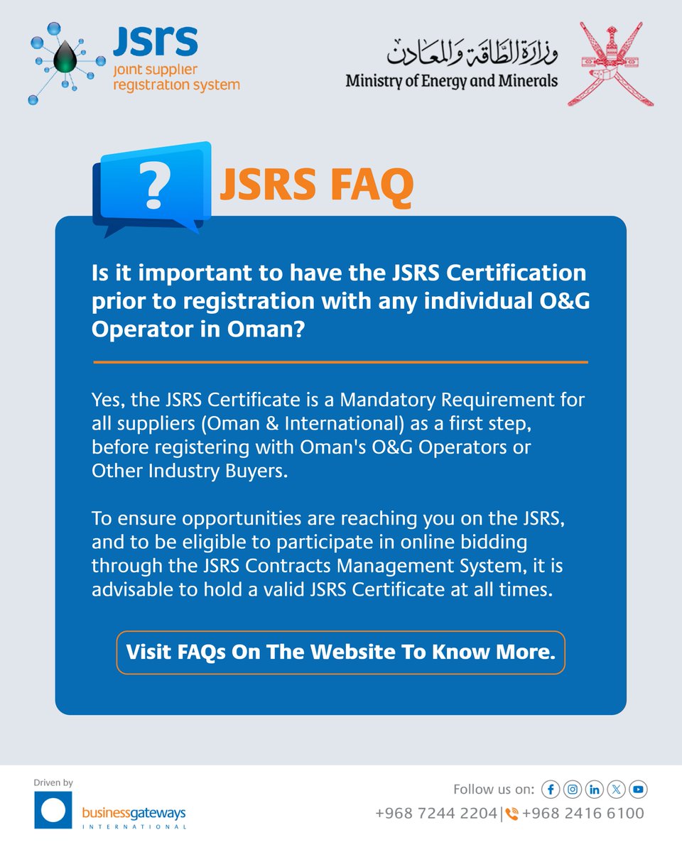 JSRS_Oman's tweet image. Did you know? Holding a valid JSRS Certificate is mandatory for all suppliers before registering with Oman’s O&amp;amp;G Operators. Stay verified, compliant &amp;amp; eligible for online bidding via JSRS.
🔗 businessgateways.com/jsrs/

#JSRS #OmanBusiness #SupplierCertification #ICV #OmanEnergy
