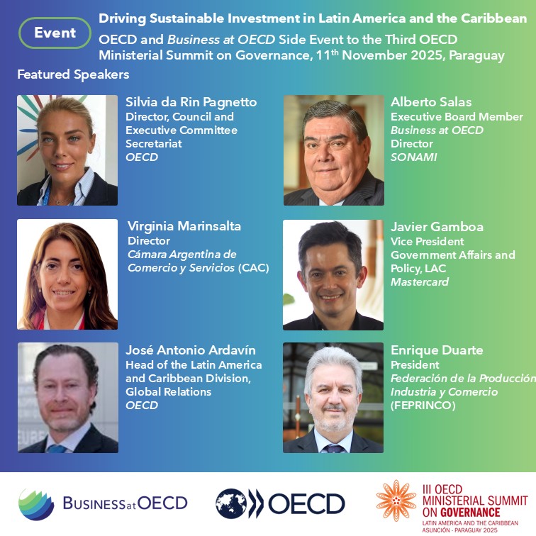 🌎 Today as part of the <a href="/OECD/">OECD ➡️ Better Policies for Better Lives</a>'s Third Ministerial Summit on Governance, we are delighted to organise a side event with the #OECD on "Supporting #LAC countries in attracting foreign #investment for #prosperity &amp; #resilience".

Our panel will focus on "Driving Sustainable