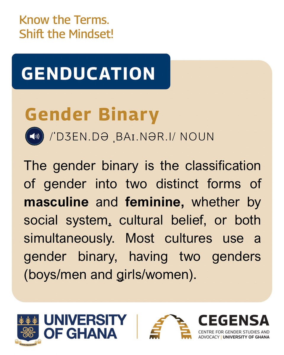 ug_cegensa's tweet image. The Gender Binary is the classification of gender into just masculine and feminine. It&apos;s rooted in social systems/cultural beliefs.

Know the Terms. Shift the Mindset! Follow us to Learn more!

#CEGENSA #GenderBinary #Definition #UG #repost