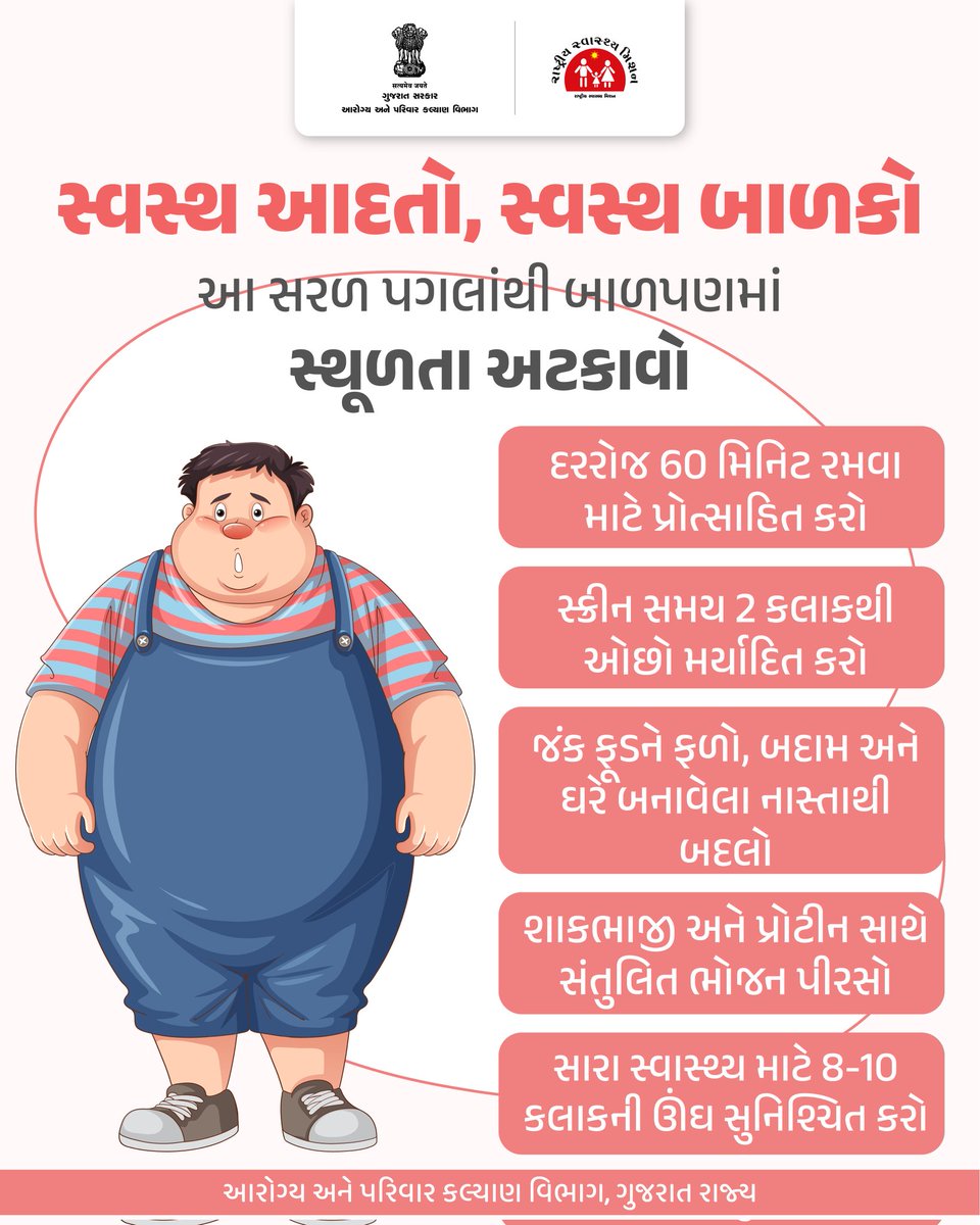 સ્થૂળતા ઘટાડો,
આયુષ્ય વધારો...

#spreadawareness
#savelife
#gog
#healthdepartment
#savelife
#humanity
#gujarat
#lifeafterlife
#india
#today
#instagram
#Facebook
#x

<a href="/CMOGuj/">CMO Gujarat</a>