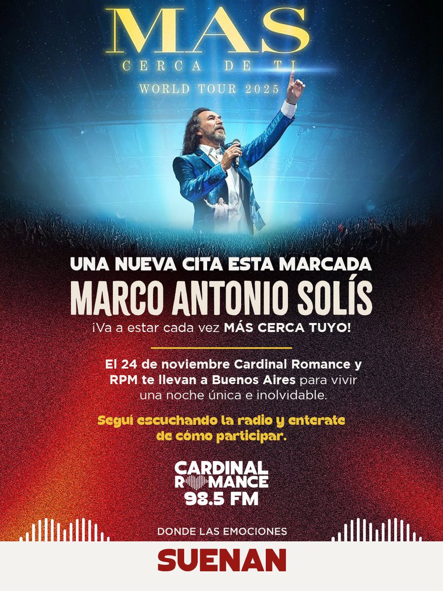 🎁¡Regalamos una experiencia inolvidable!✨

¡Marco Antonio Solís va a estar cada vez más cerca tuyo! 😍

🥳 <a href="/Romance985/">Cardinal Romance 98.5</a>  y <a href="/RPMparaguay/">RPM Producciones</a>  te llevan a Buenos Aires el 24 de noviembre para vivir un concierto único, junto a un acompañante. 🎶💖

¿Cómo participar? 👀

1️⃣ Sintonizá
